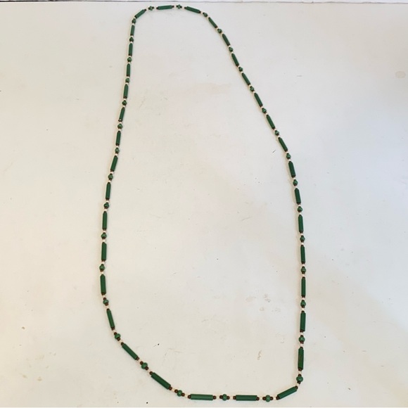 Vintage Green Tubular Beaded 24" Necklace Green Brown & Cream Beads - Picture 3 of 7